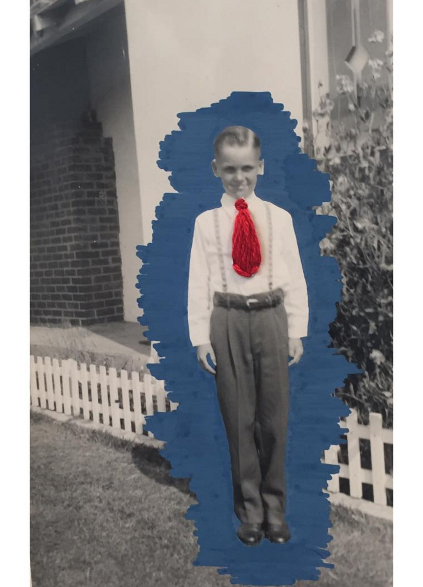 "Boy with Red Tie" Embroidery and opaque marker on Photograph. Julianna Anderson